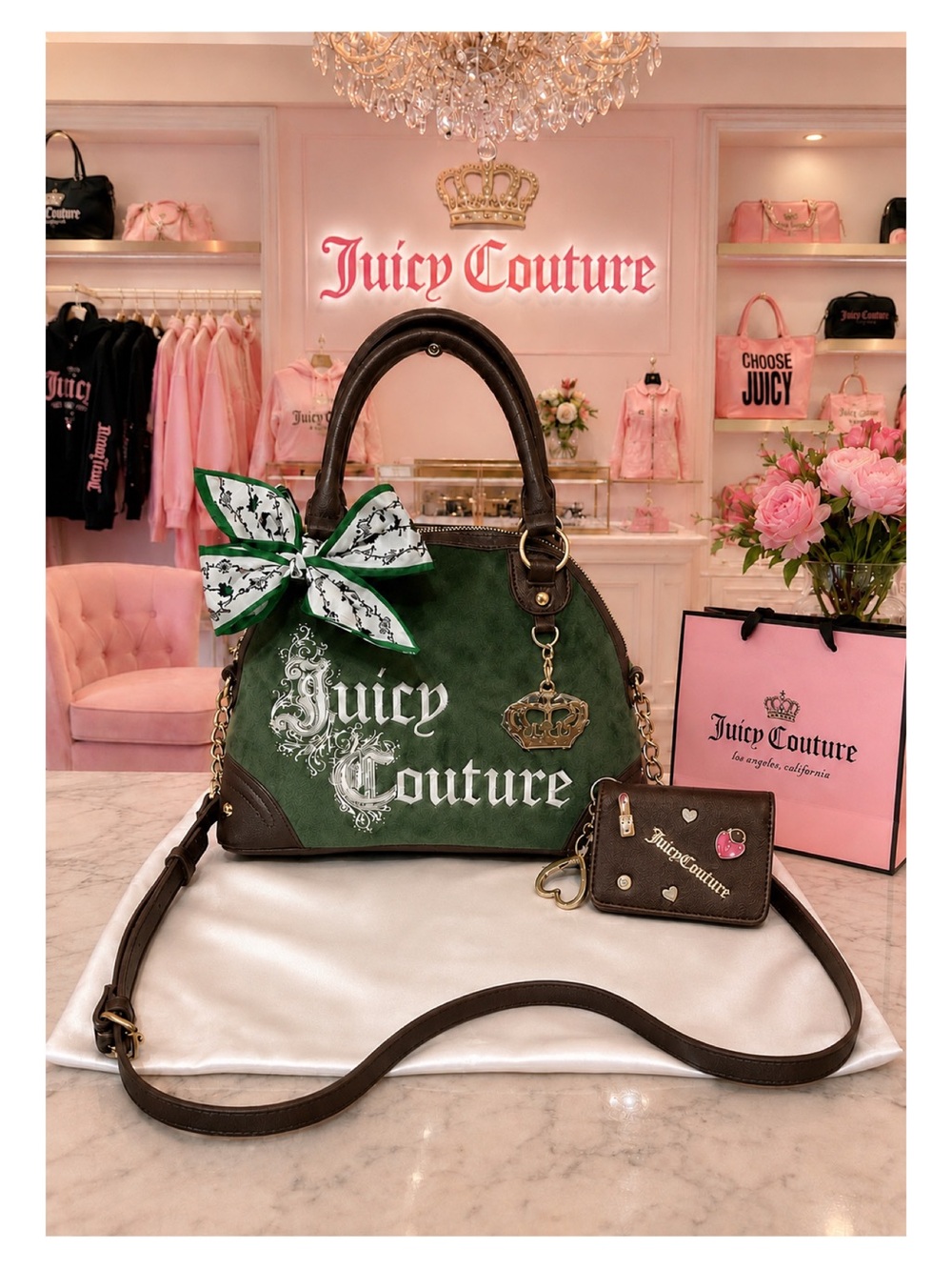 Juicy Couture. 5 Piece: Renaissance Satchel & Free Card Case, Scarfs & Dust Bag.